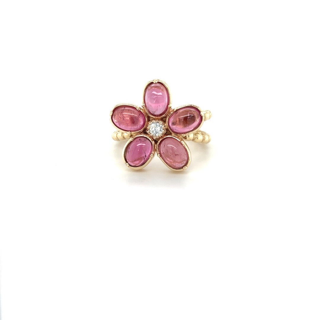 Camellia Ring with Cabochon Pink Tourmaline & Diamond