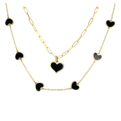 Mini Heart Station Necklace/Black Onyx