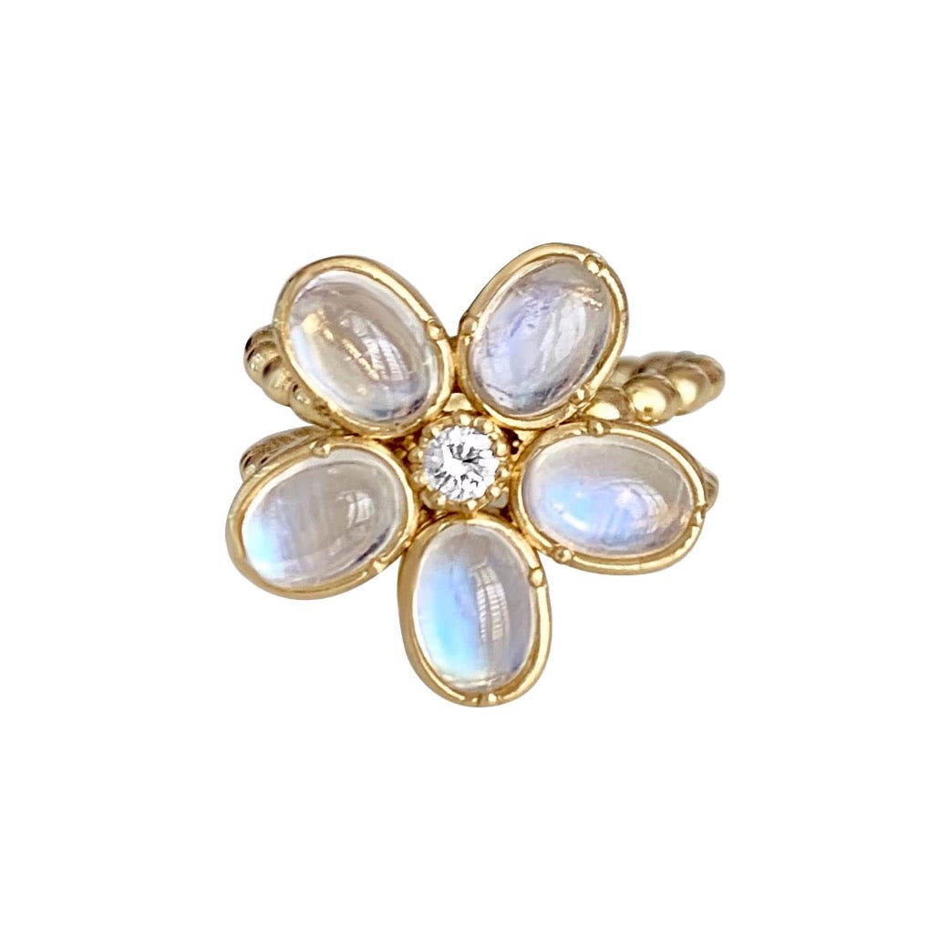 Camellia Ring with Rainbow Moonstones & Diamond - Lauren Sigman Collection